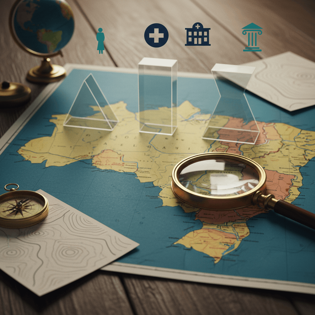 Ilustração editorial de um mapa do Brasil com pirâmides etárias estilizadas e uma lupa destacando o envelhecimento demográfico.
