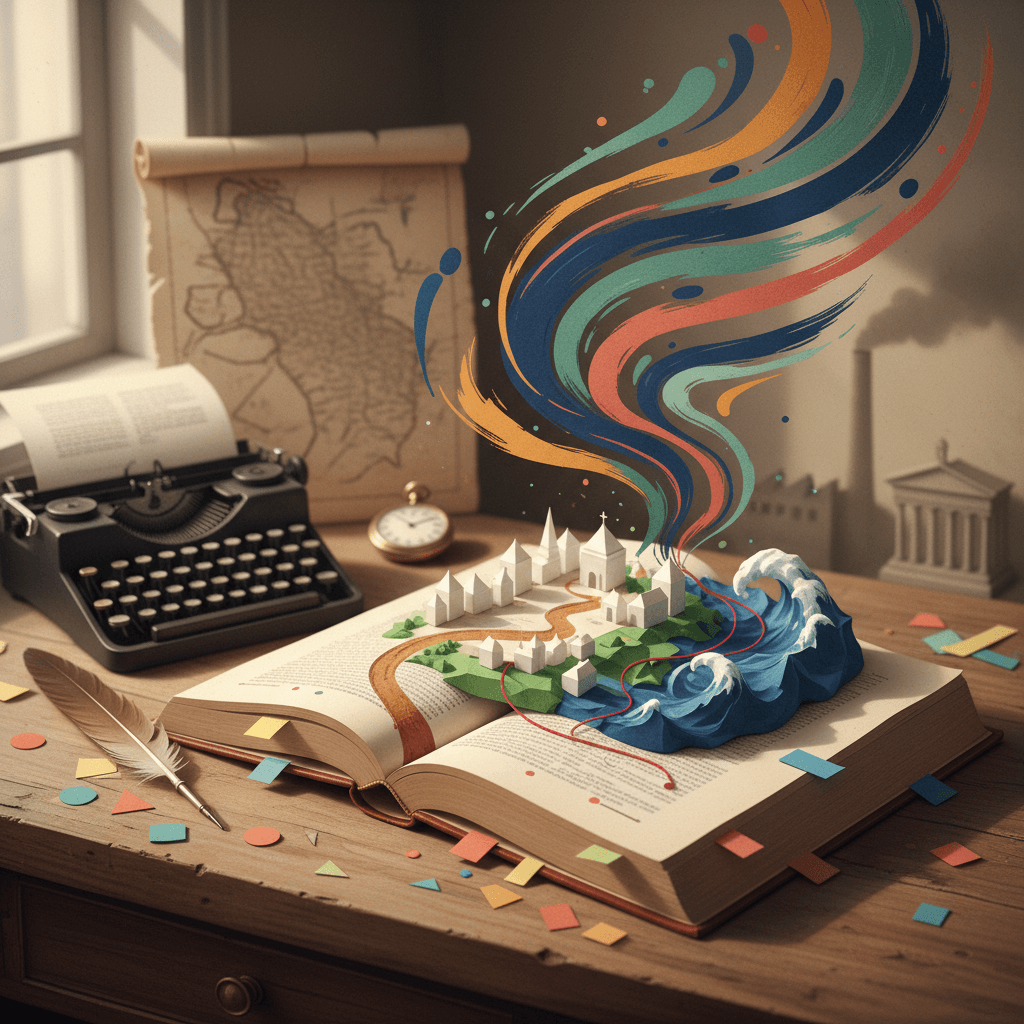 Ilustração editorial de um romance aberto com cenas em pop-up (enredo), pena e traços de tinta (linguagem), marcadores coloridos sem texto e objetos históricos desfocados (contexto).
