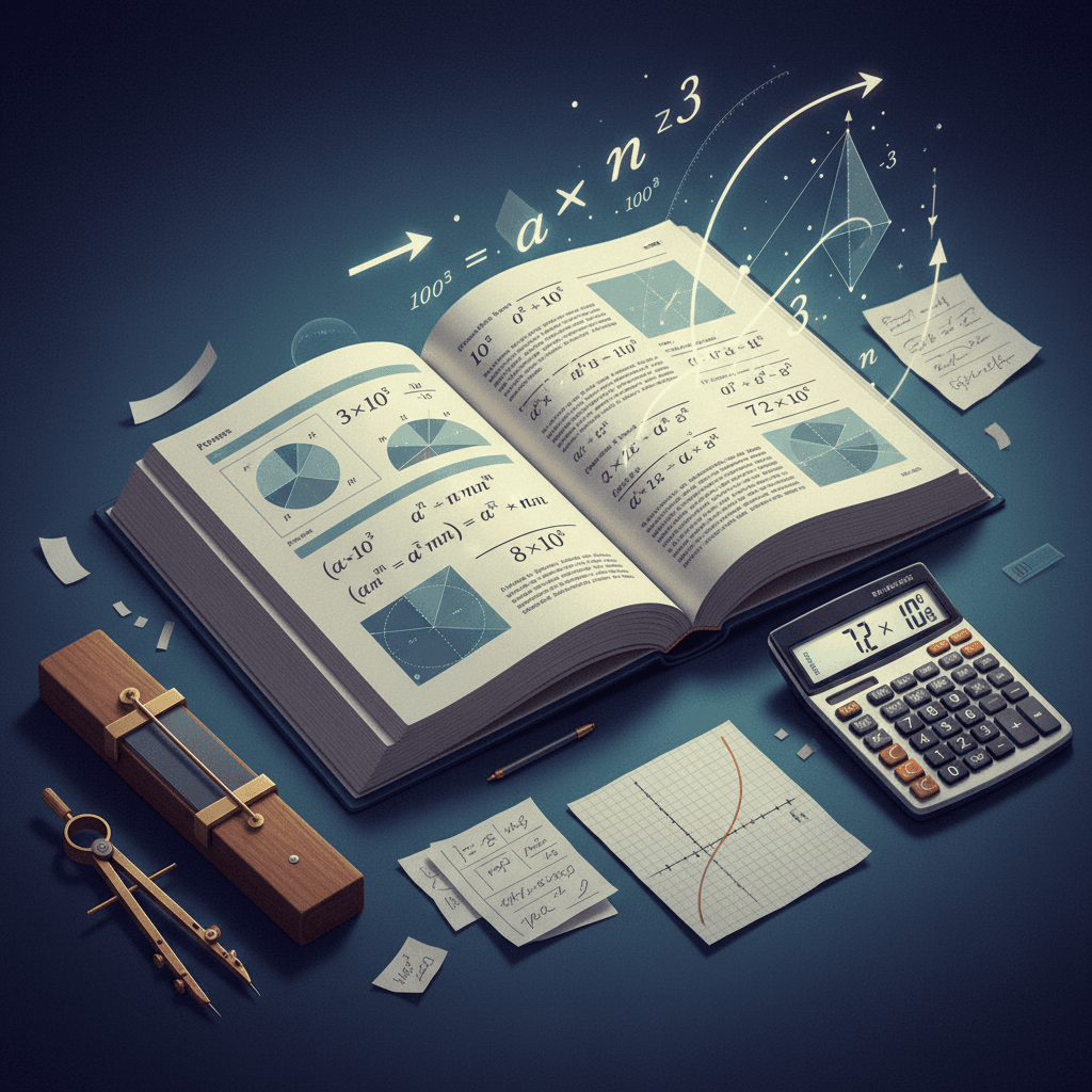 Ilustração editorial de livro aberto com fórmulas de potenciação e notação científica, calculadora, régua de cálculo e símbolos matemáticos flutuantes.