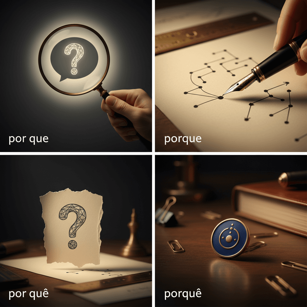 Ilustração editorial em quatro quadrantes com lupa, caneta, fragmento de papel com sinal de interrogação e um selo/trofeu simbólico para explicar por que/porque/por quê/porquê.