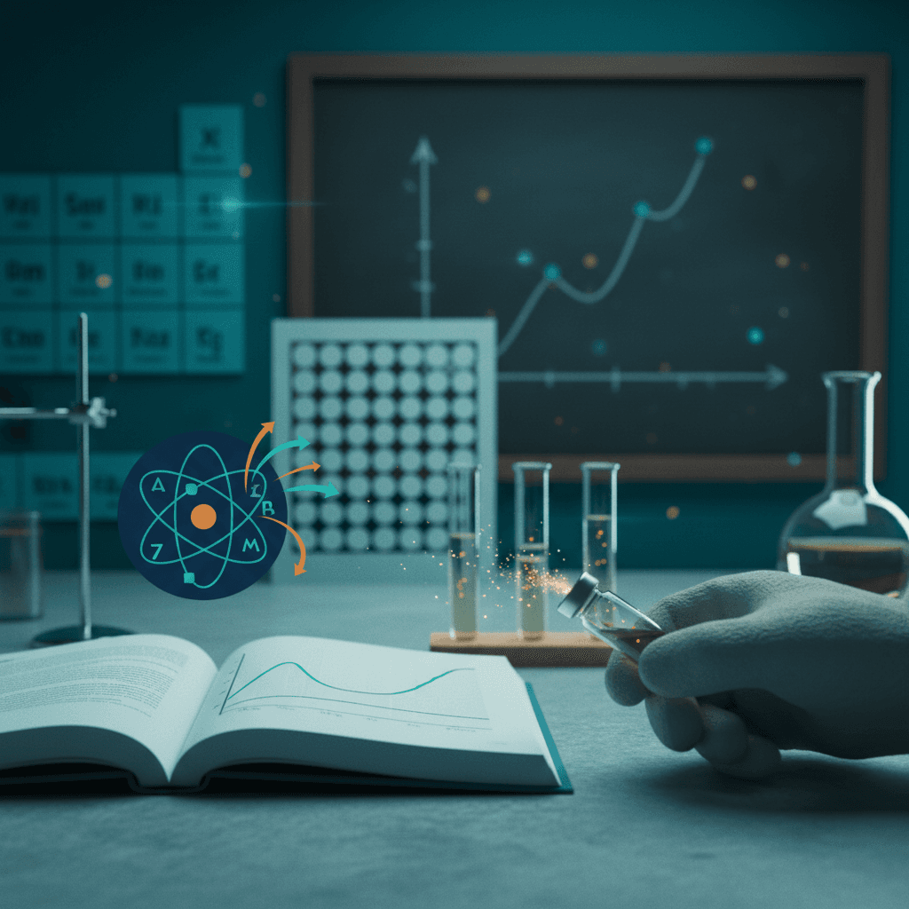 Ilustração editorial de laboratório com Geiger, frasco radioativo, gráfico de decaimento e tubos mostrando meia-vida, estilo educativo.