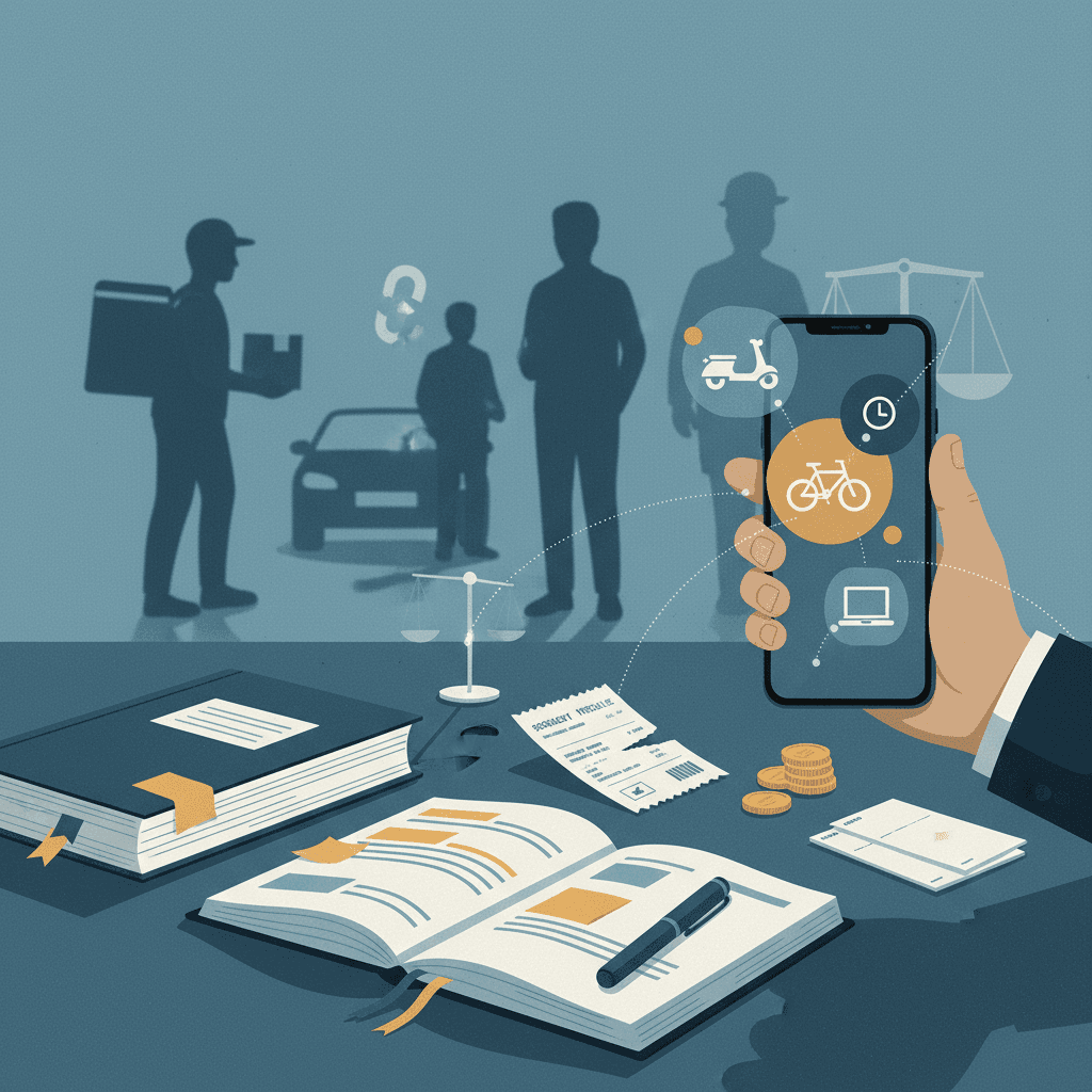 Ilustração editorial com livro e caderno em primeiro plano, smartphone mostrando ícones de apps e silhuetas de trabalhadores de aplicativo, simbolizando precarização e gig economy.