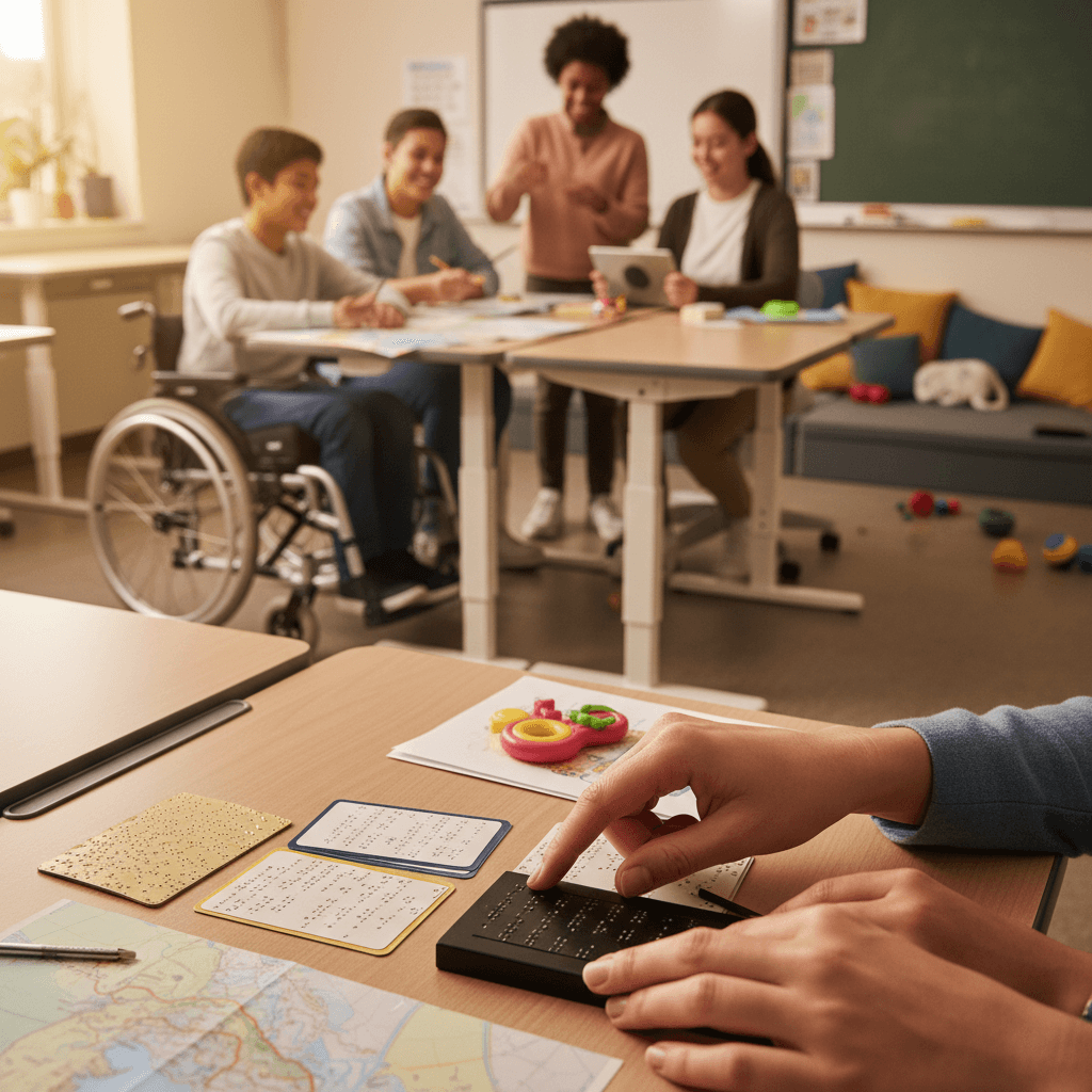 Professor(a) em sala de aula inclusiva orientando alunos com diferentes necessidades e recursos acessíveis.