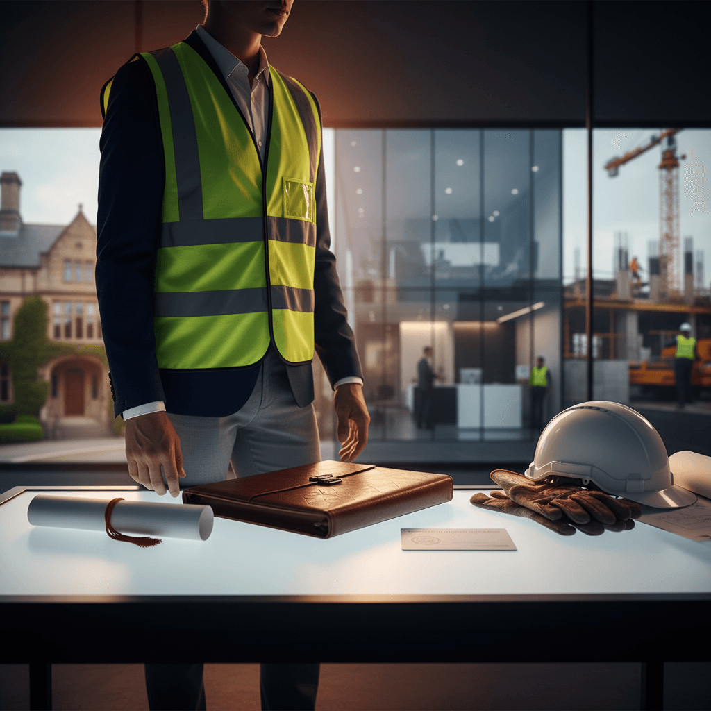 Engenheiro diante de mesa com diploma, portfólio, certificado e capacete, refletindo escolha de carreira.