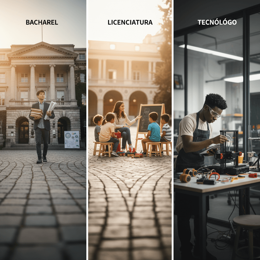 Campus universitário com três caminhos: aluno pesquisador em frente à biblioteca (bacharel), futura professora com crianças (licenciatura) e estudante em laboratório prático com equipamento (tecnólogo).