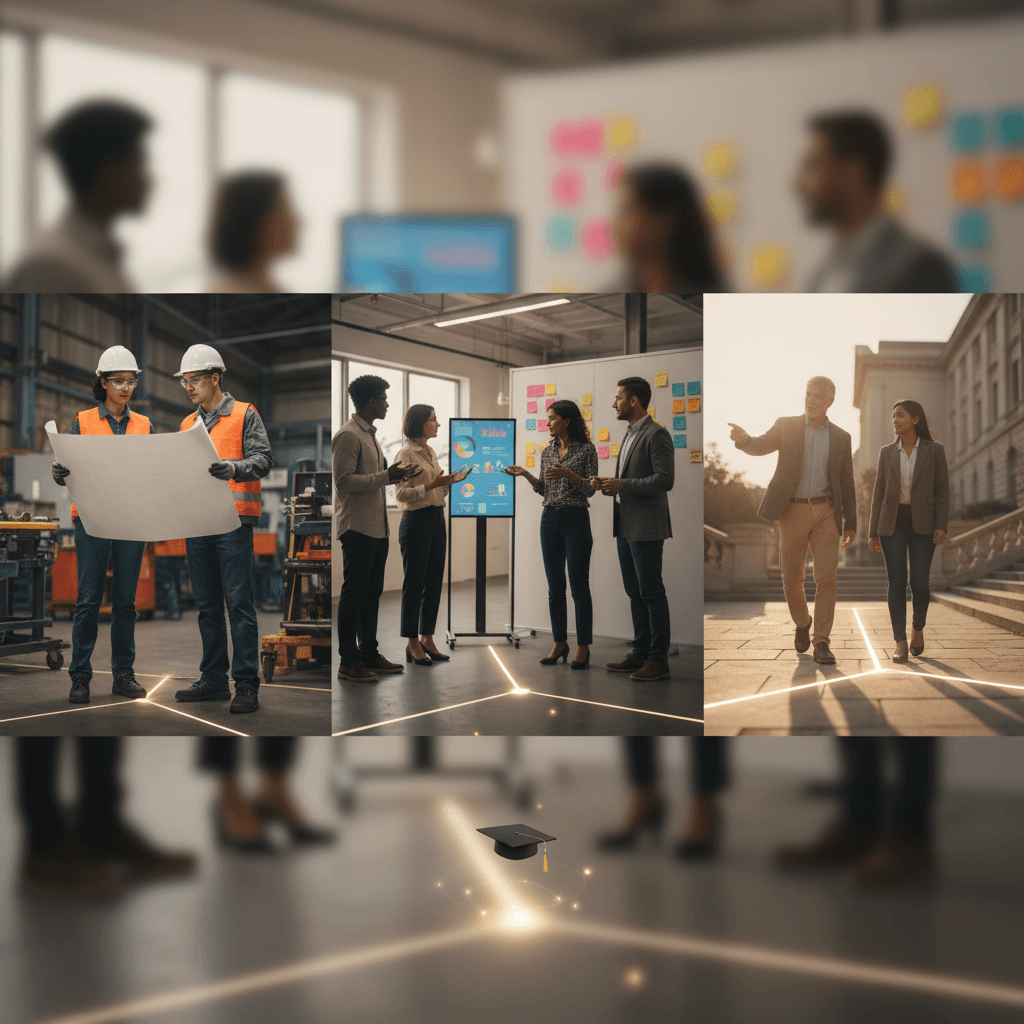 Montagem editorial mostrando caminhos diferentes para chegar à gestão — prática em obra, gestão ágil no escritório e mentoria, conectados por trilhas visuais.