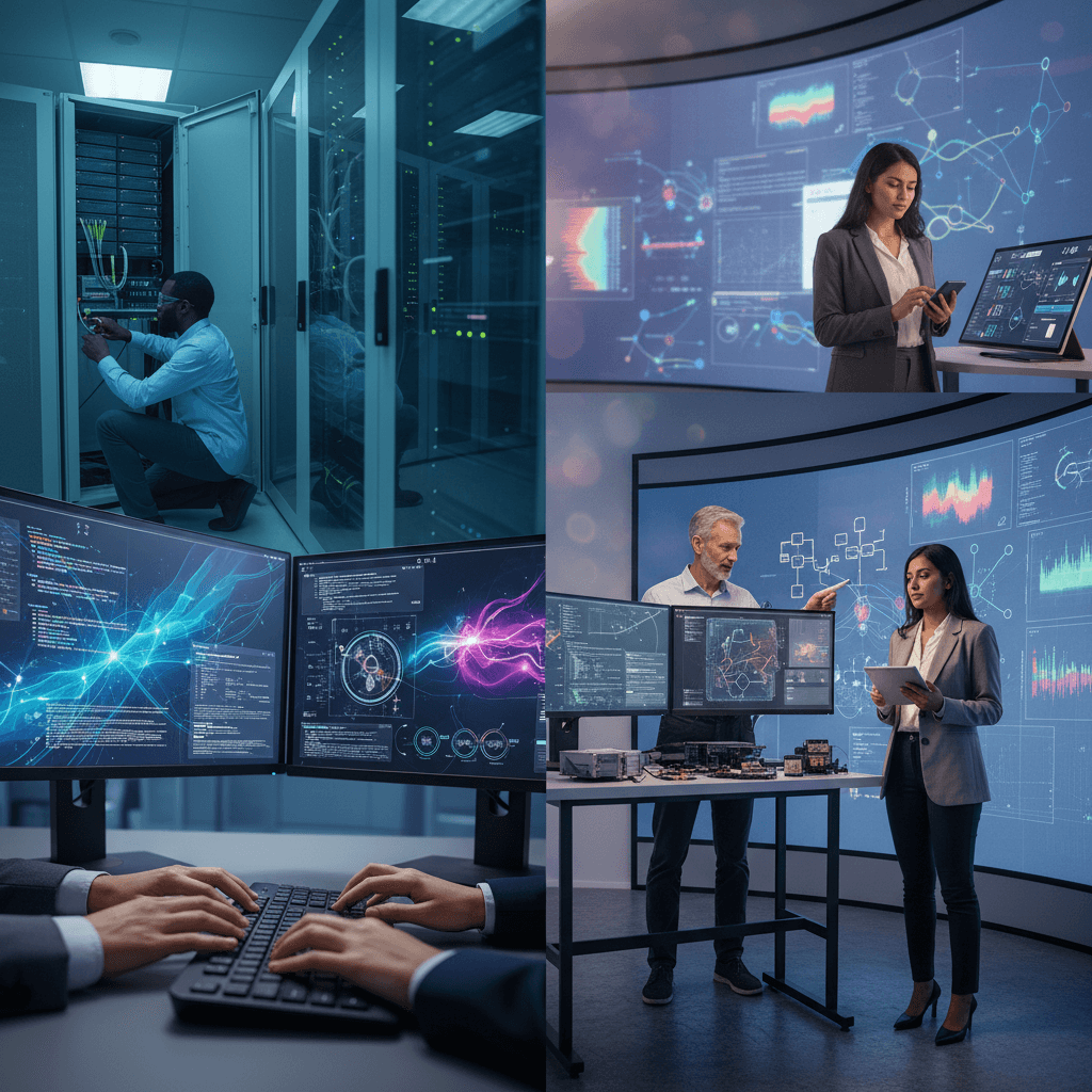 Cena editorial mostrando profissionais de tecnologia em diferentes ambientes: codificação, laboratório de dados, sala de servidores e design, sem texto na imagem.