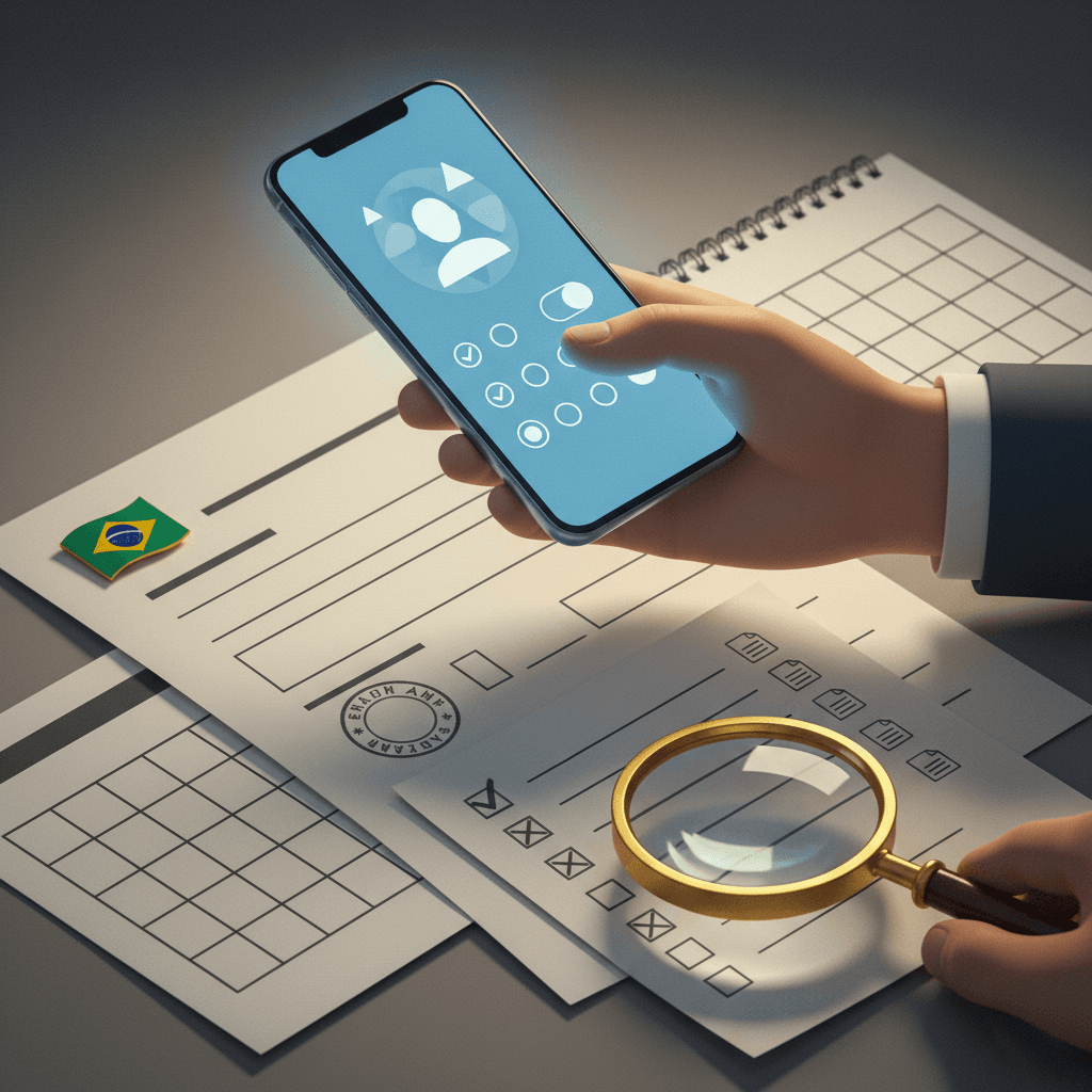 Mãos segurando smartphone sobre formulário, calendário e lupa num cenário editorial que simboliza a confirmação de inscrição no Enem.