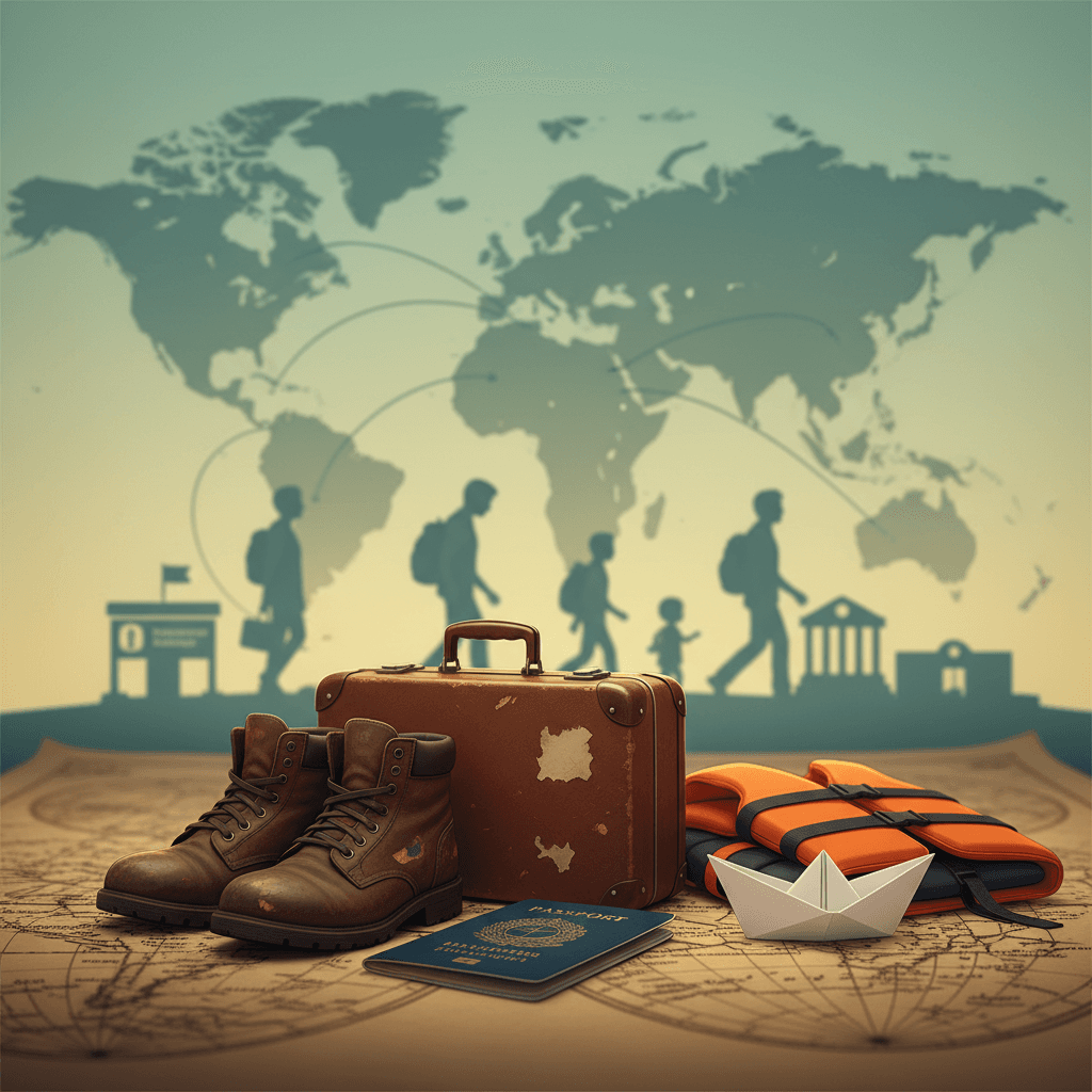 Ilustração editorial com objetos e silhuetas que representam migração e refúgio: passaporte genérico, mochila, colete salva-vidas, mapa com rotas e instituições ao fundo.