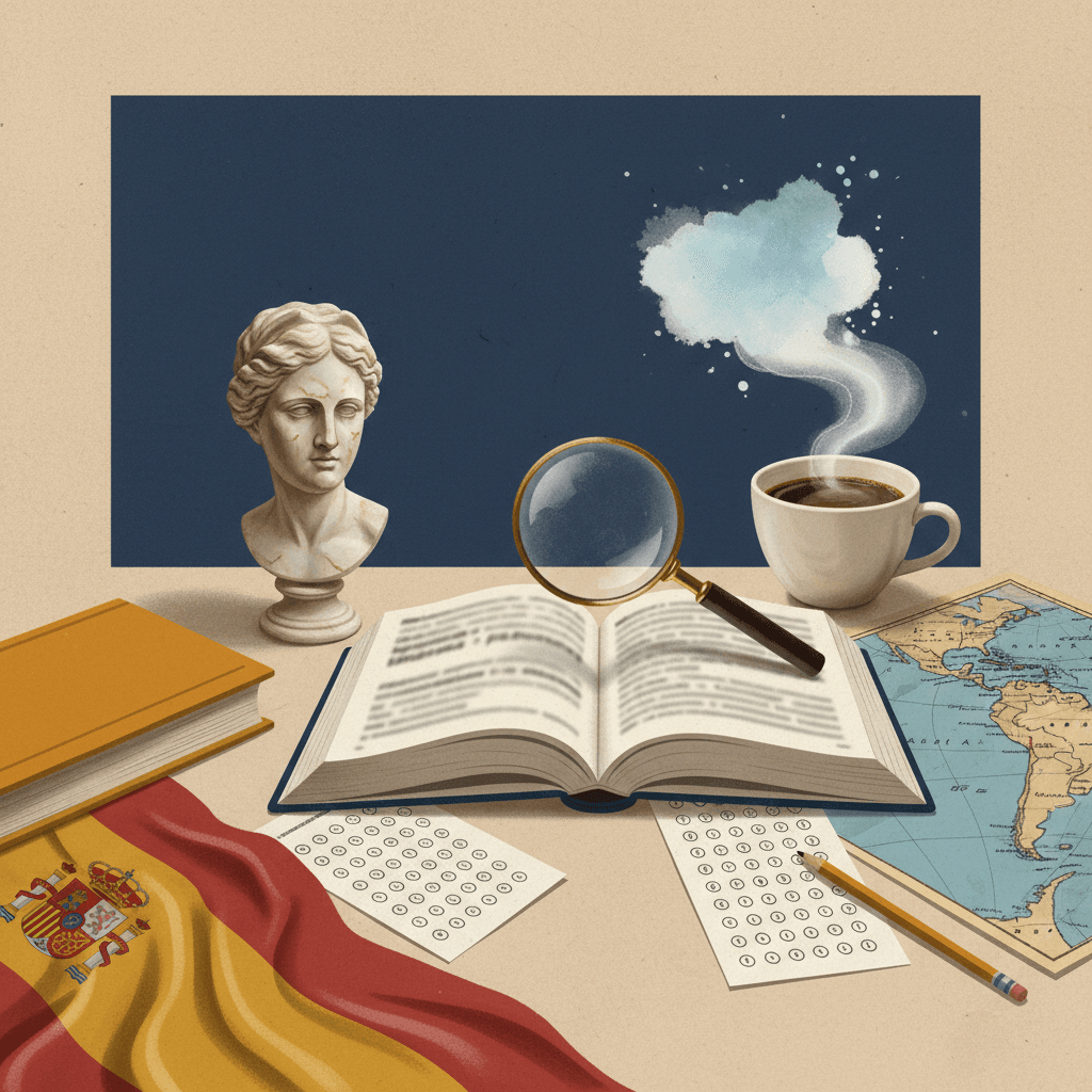 Ilustração editorial: livro de gramática em espanhol aberto com estátua (ser) à esquerda, chávena e nuvem (estar) à direita, lupa sobre texto borrado, bandeira e mapa ao fundo.