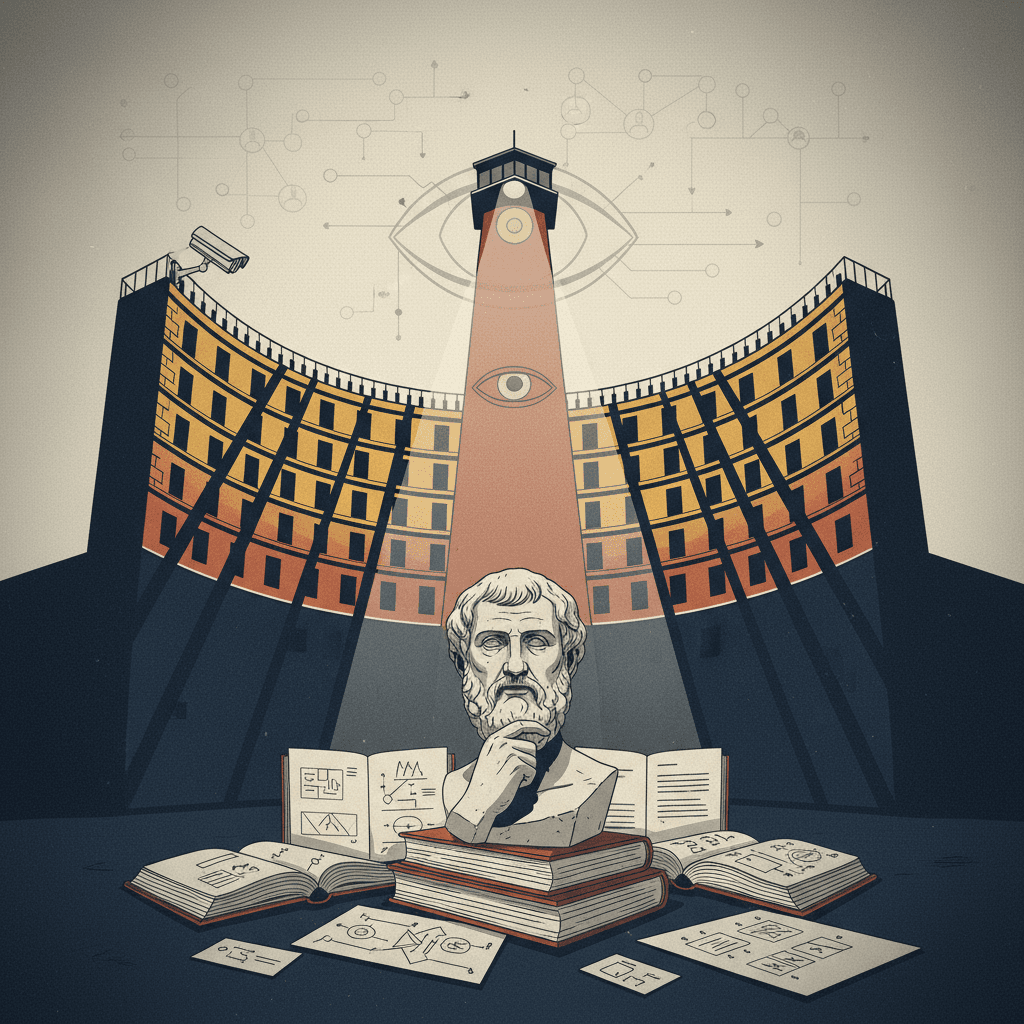 Ilustração editorial do panóptico com uma câmera/olho, busto filosófico e livros, simbolizando poder, vigilância e disciplina para repertório do ENEM.