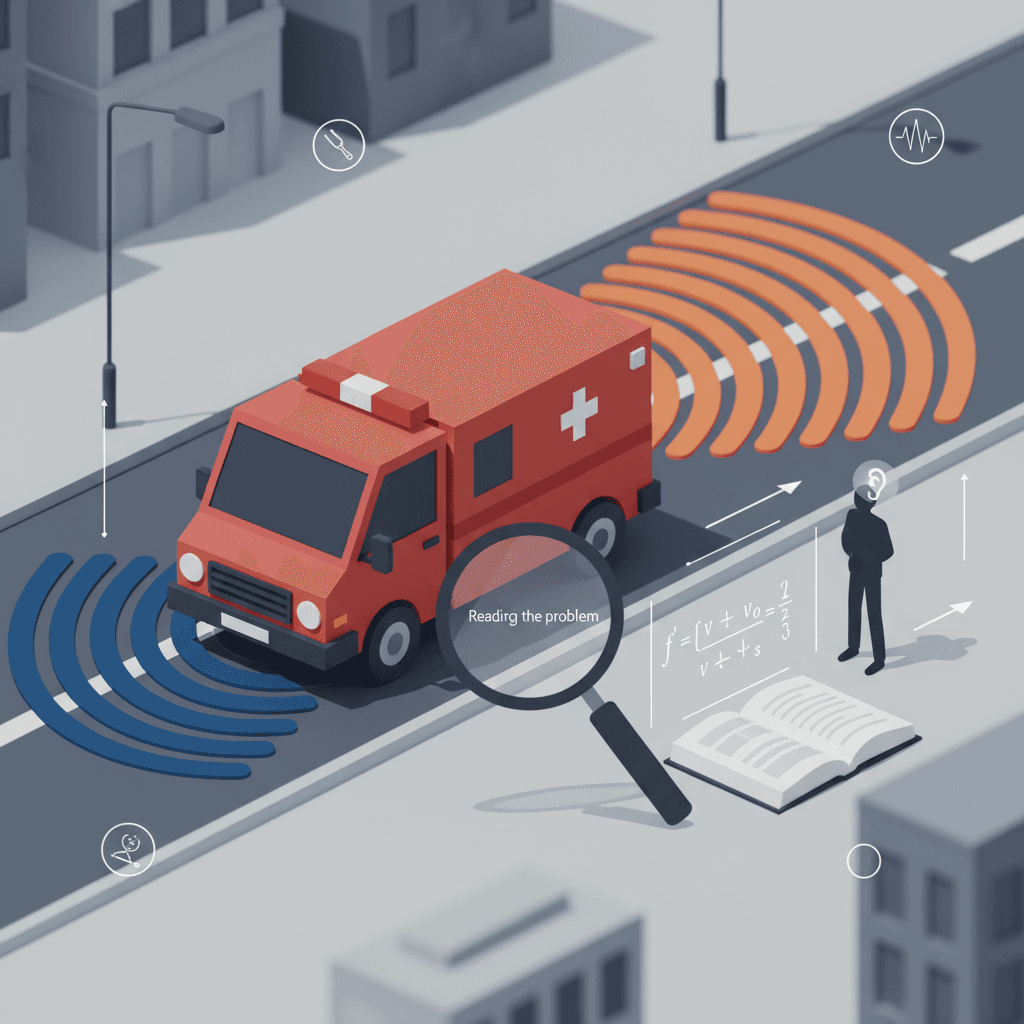 Ilustração editorial do efeito Doppler: carro-sirene em movimento com frentes de onda comprimidas à frente e alongadas atrás, observador com lupa e livro de física mostrando a fórmula do efeito.