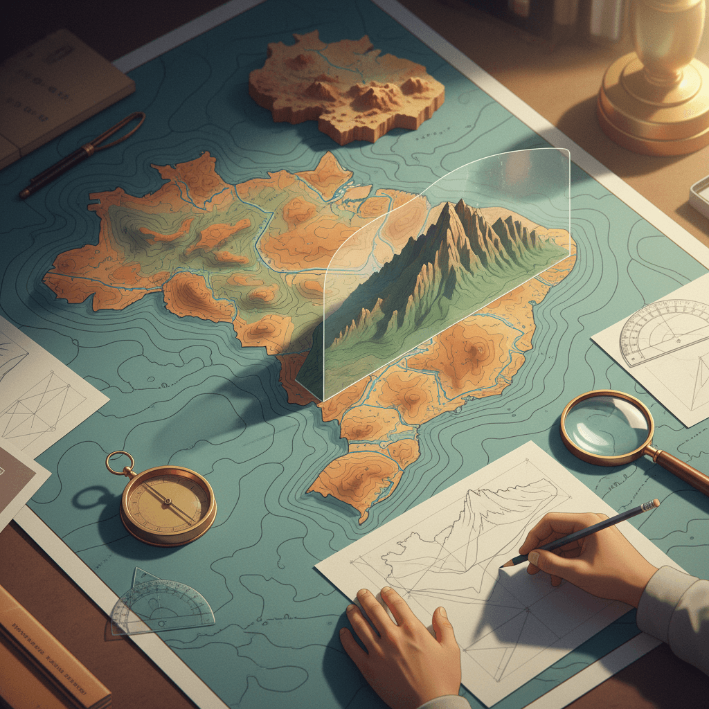 Ilustração editorial de mapa topográfico do Brasil com curvas de nível, perfil topográfico emergente, bússola, lupa e mãos traçando o perfil.