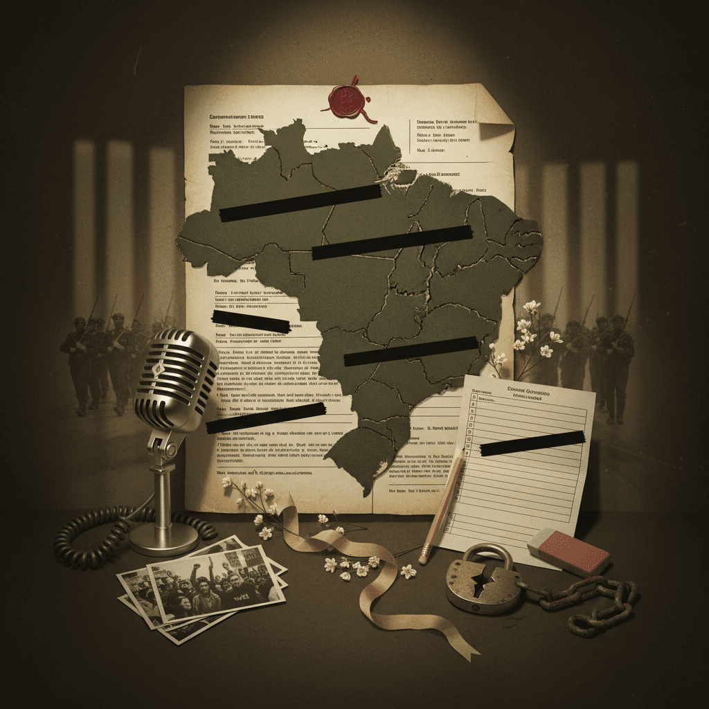 Composição editorial com documentos redigidos, fotos de protesto, mapa do Brasil e prova em branco, simbolizando repressão, anistia e redemocratização.