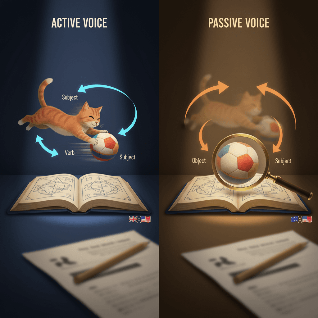 Ilustração editorial dividida mostrando voz ativa (ícones e setas) e voz passiva (objeto em destaque com lupa), com livro de inglês e prova borrada ao fundo.