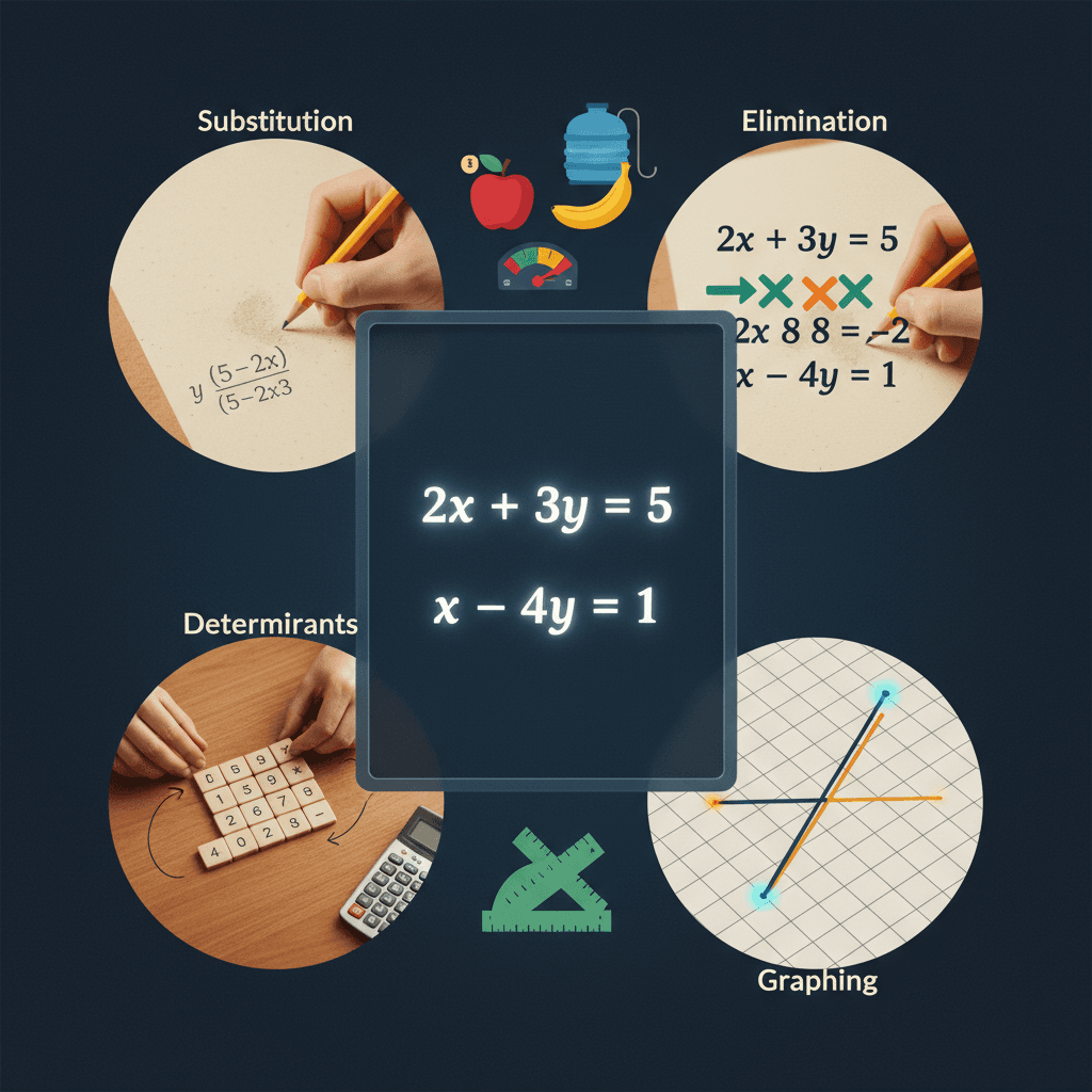 Quadro central com um sistema de equações e quatro vinhetas ilustrando substituição, eliminação, regra de Cramer/determinantes e gráfico; mãos manipulando equações e ícones de problemas do ENEM.