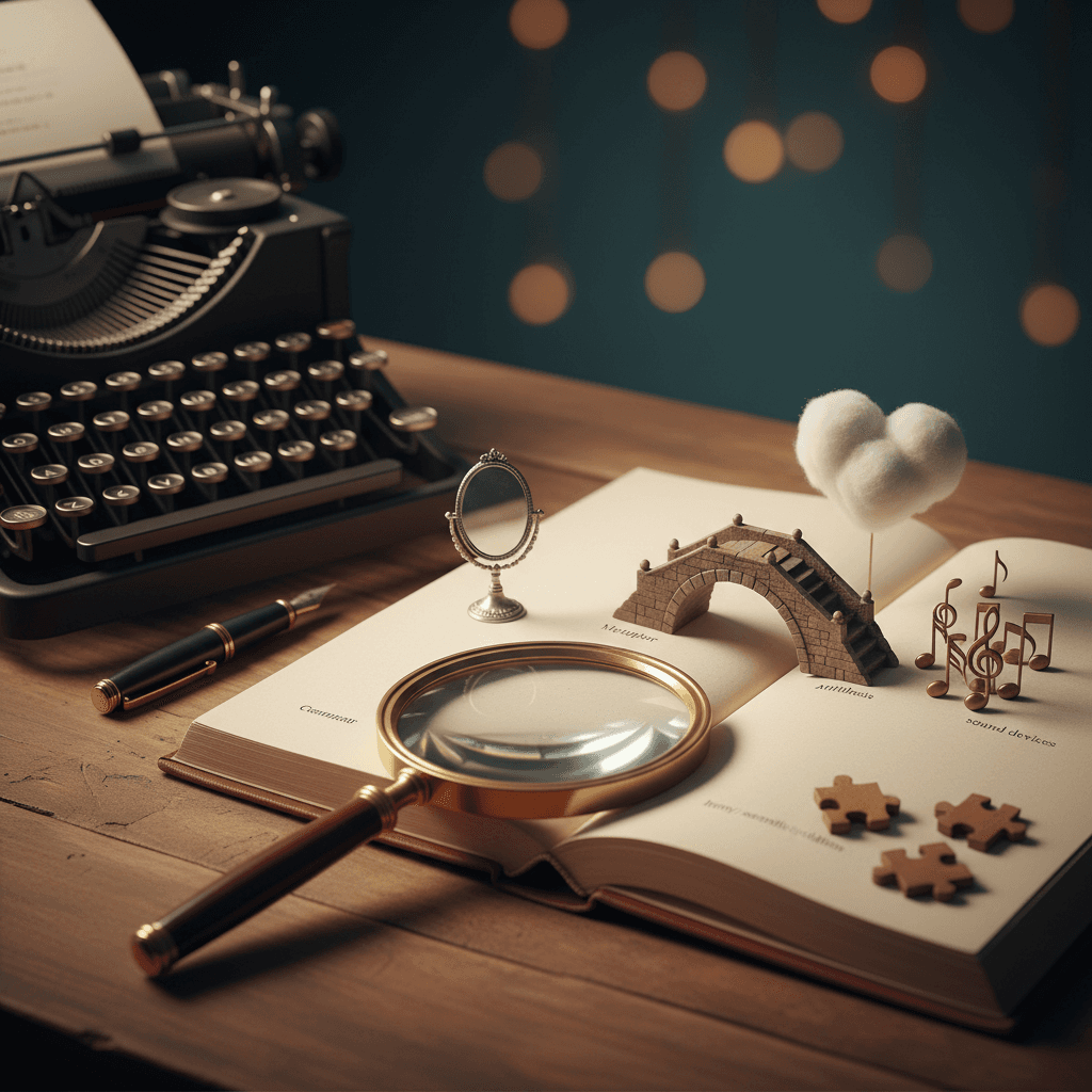 Ilustração editorial de um livro aberto, lupa e máquina de escrever com miniaturas (ponte, espelho, nuvem em forma de coração, notas musicais) simbolizando figuras de linguagem.