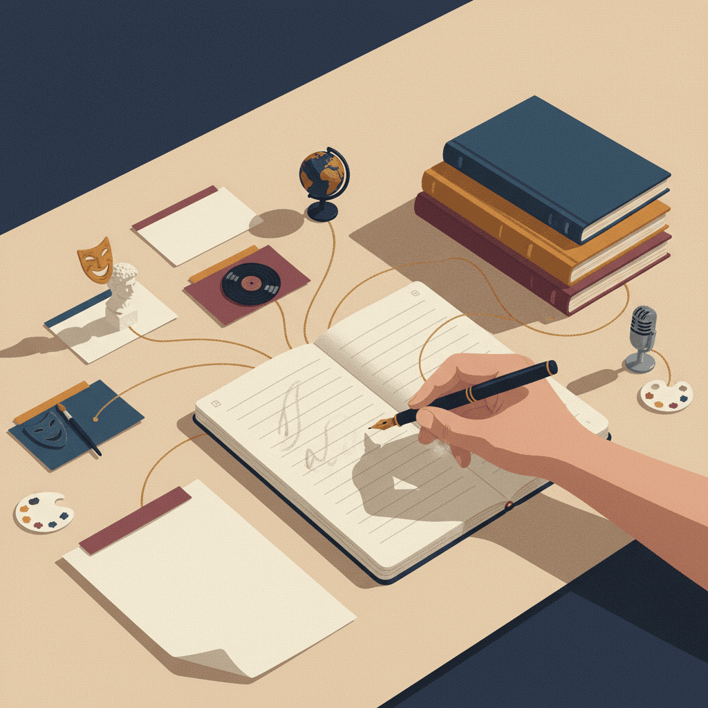 Ilustração editorial: mão escrevendo em caderno cercada por cartões de repertório e miniaturas culturais (máscara teatral, busto, disco, globo).