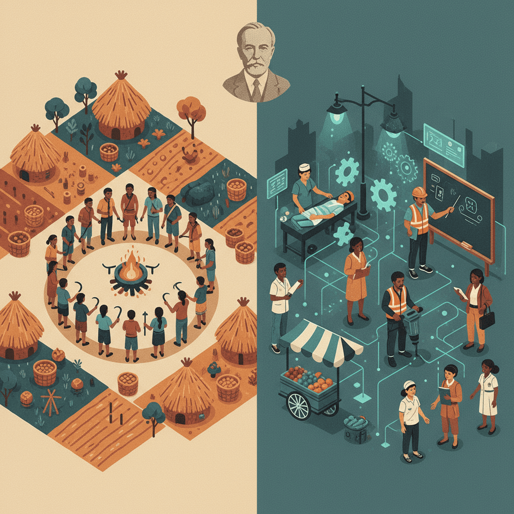 Ilustração editorial dividida: à esquerda comunidade homogênea simbolizando solidariedade mecânica; à direita cena urbana diversa com engrenagens e rede representando solidariedade orgânica; busto estilizado de Durkheim ao centro.