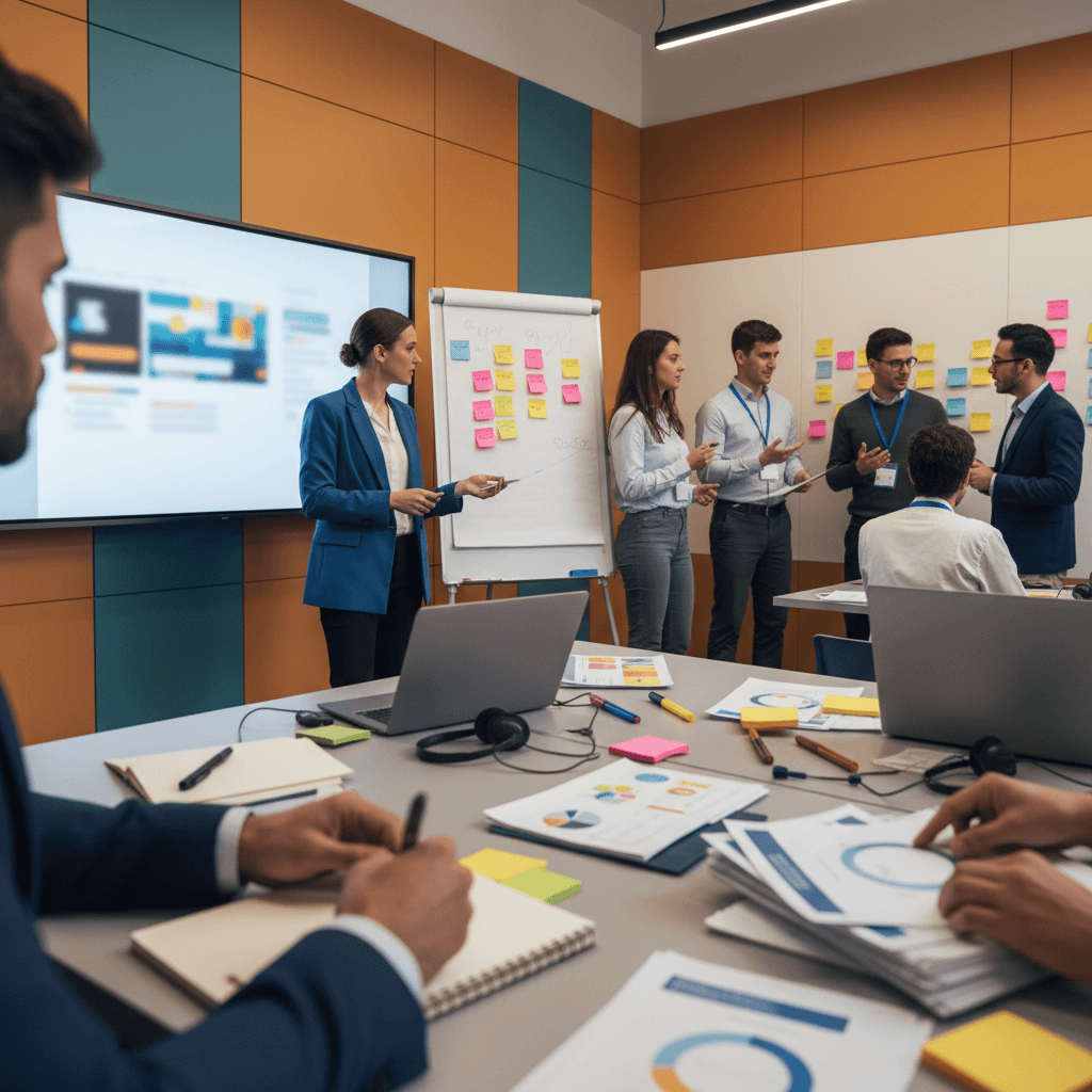 Sessão de treinamento corporativo com facilitador, participantes interagindo e materiais de T&D em destaque.