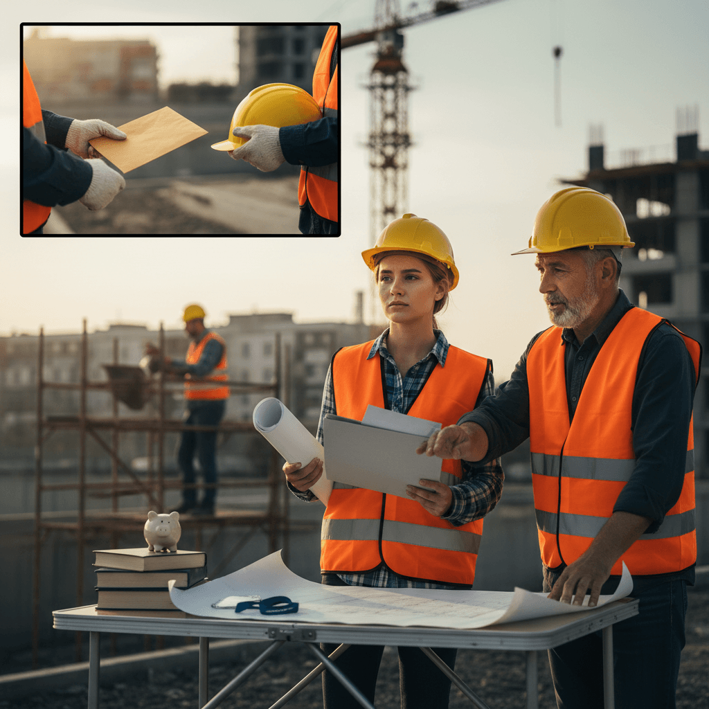 Engenheiro jovem no canteiro de obras avaliando proposta com mentor, plantas e objetos simbólicos representando salário, aprendizado e benefícios.