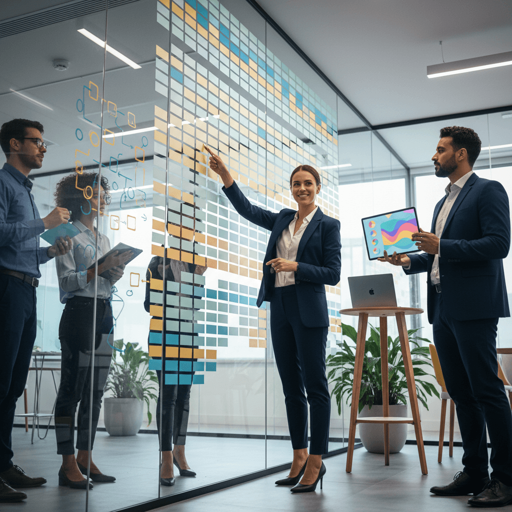 Equipe em escritório moderno montando um time: líder apontando para quadro kanban com cartões coloridos sem texto, profissionais em pé colaborando.