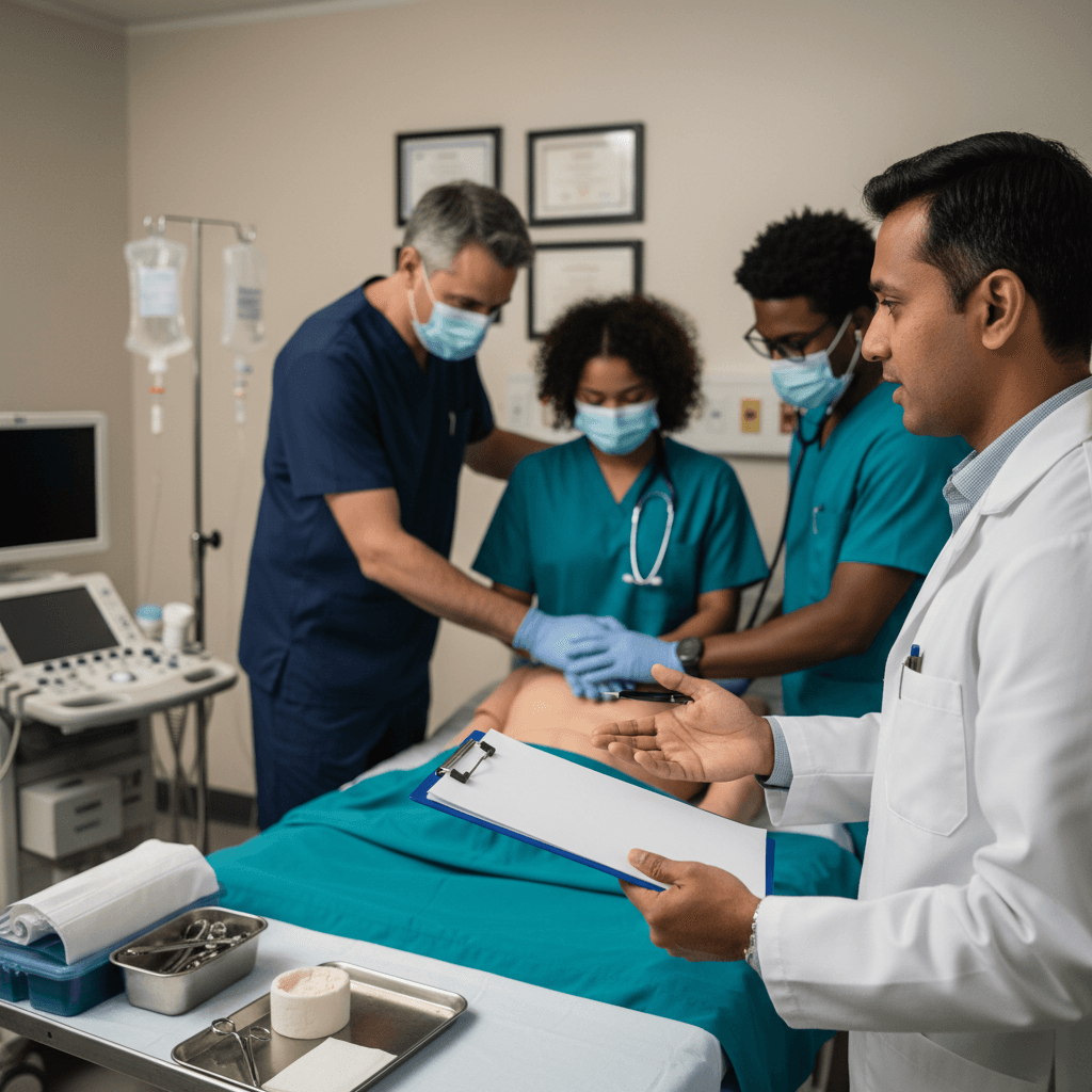 Laboratório de simulação clínica com estudantes de Saúde praticando em manequim enquanto avaliador observa com prancheta.