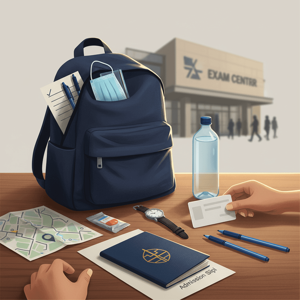 Ilustração editorial com mãos organizando documentos e itens de prova em primeiro plano e fachada do local de aplicação ao fundo, sem textos visíveis.