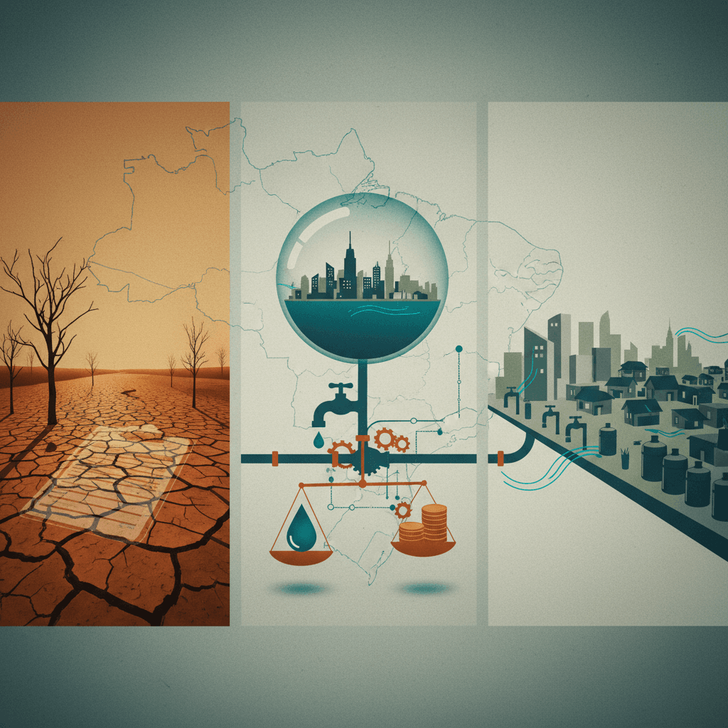 Ilustração editorial da crise hídrica: reservatório seco, gota com cidade, contraste entre bairros, ícones de gestão e balança da desigualdade.