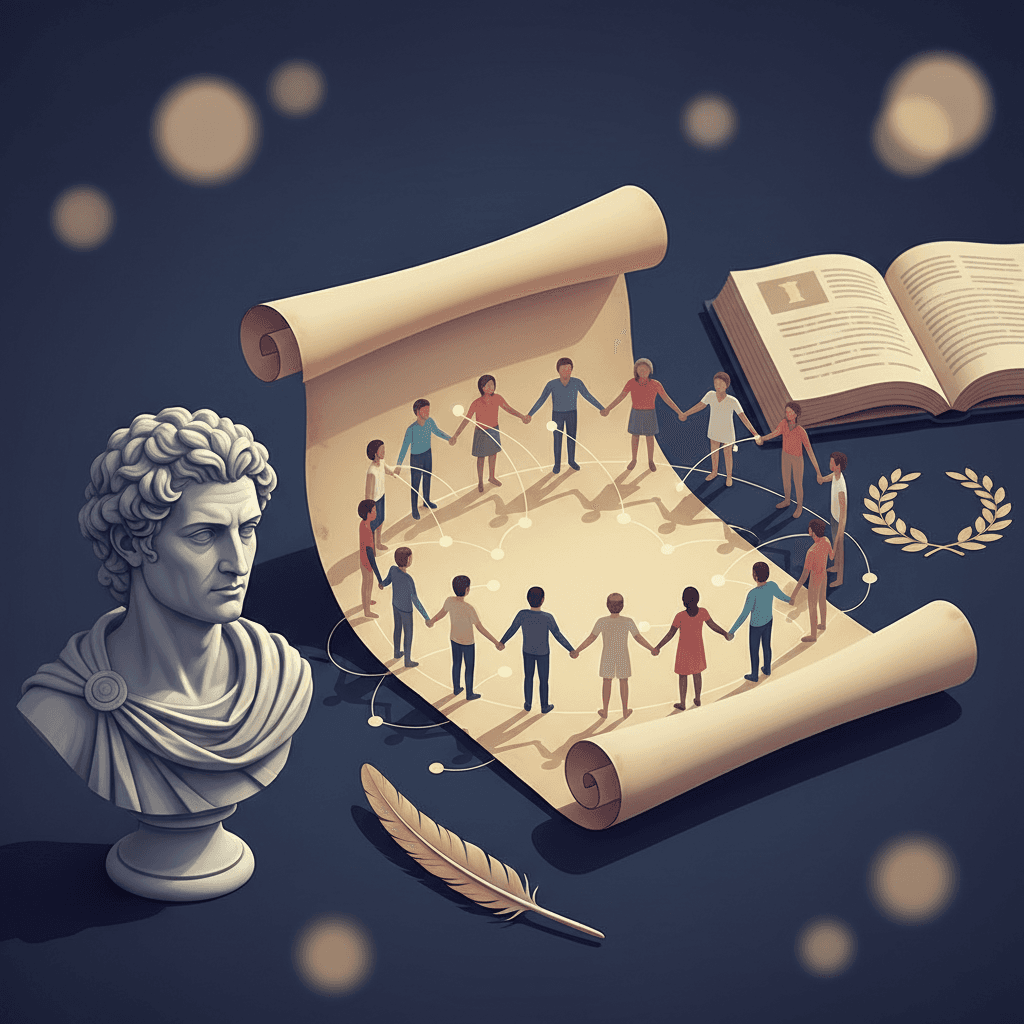 Ilustração editorial: busto estilizado de Rousseau ao lado de um pergaminho circular representando o contrato social, silhuetas humanas de mãos dadas, pena e livro em plano de fundo, iluminação cinematográfica.