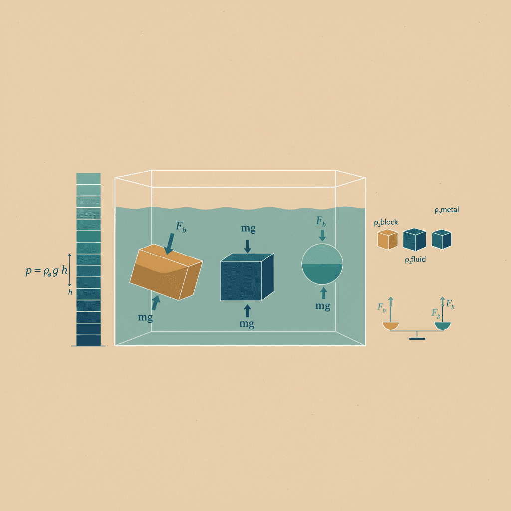 Ilustração editorial de um tanque com objetos flutuando e afundando, setas mostrando empuxo e peso e a fórmula p = ρ g h para explicar hidrostática.