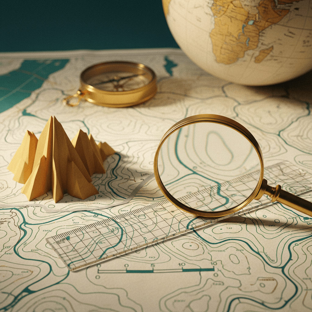 Ilustração editorial de mapa com régua transparente, lupa, bússola e globo destacando a escala cartográfica.