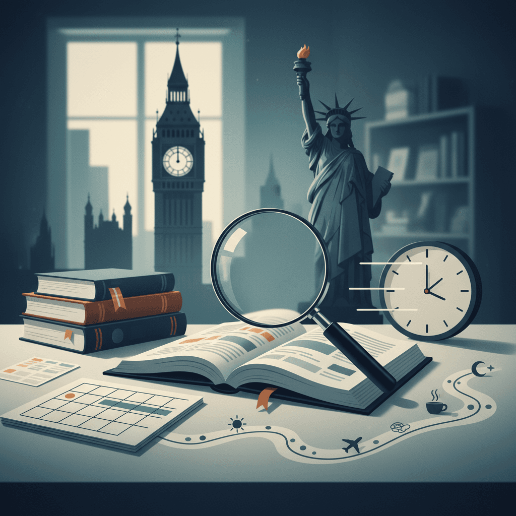 Ilustração editorial: lupa sobre página em branco, calendário sem números, relógio e silhuetas de Londres/Nova York representando datas e time expressions em inglês.