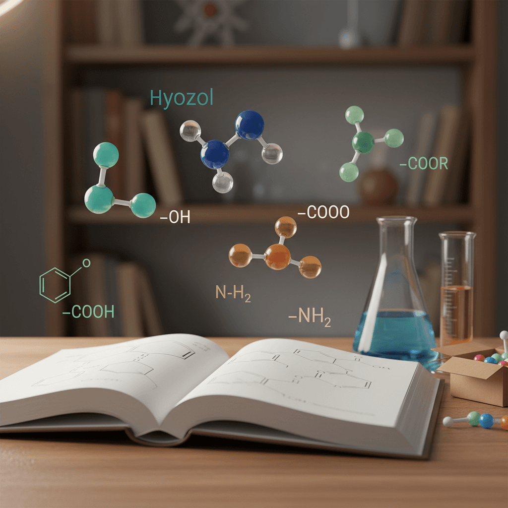 Ilustração editorial de modelos moleculares e fórmulas de funções orgânicas flutuando sobre um livro aberto com frascos de laboratório ao lado.