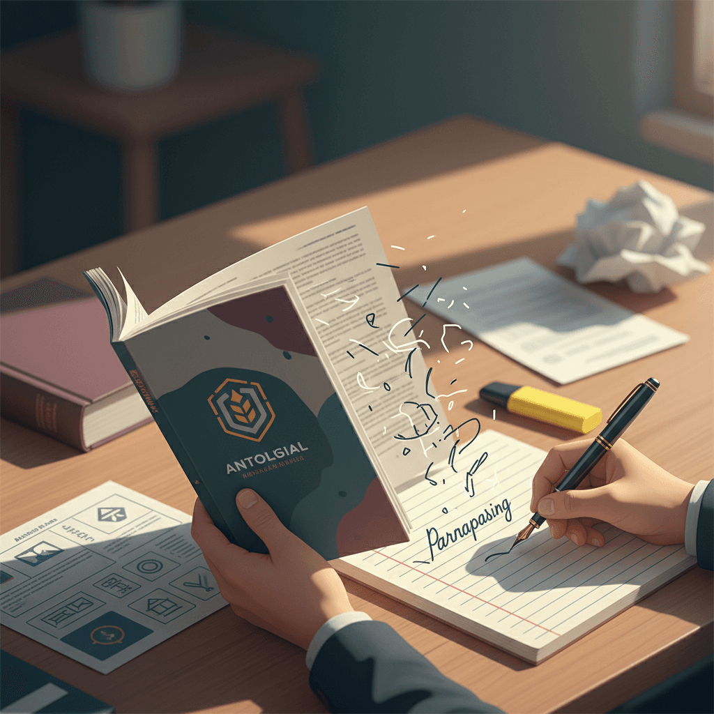 Close-up editorial ilustrado de mãos escrevendo em caderno enquanto folheiam uma coletânea do ENEM; trechos do texto se transformam em escrita original.