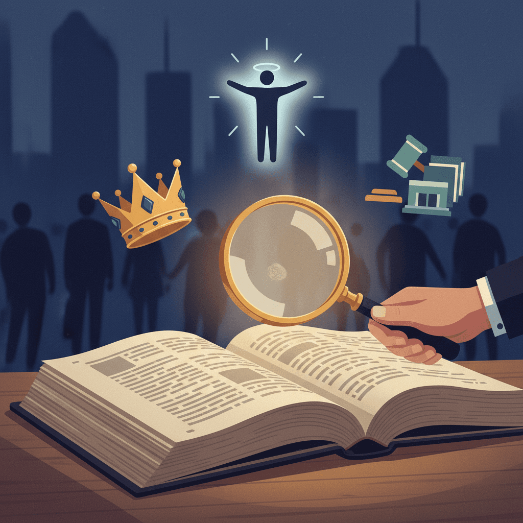Ilustração editorial: livro aberto com lupa e ícones representando as dominações de Weber (coroa, figura carismática, carimbo burocrático).