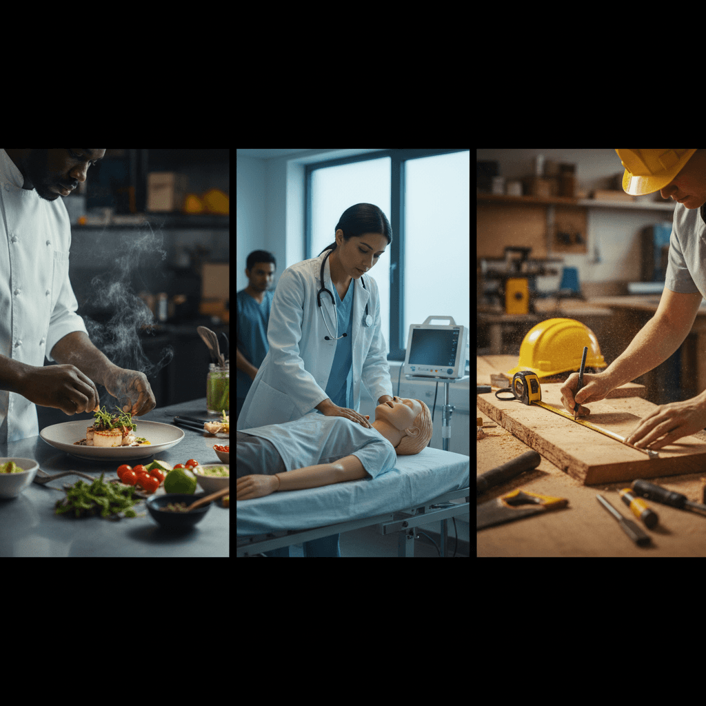 Triptych editorial mostrando pessoas testando rotinas profissionais em cursos curtos: chef preparando prato, profissional de enfermagem em manequim, técnico medindo madeira na oficina.