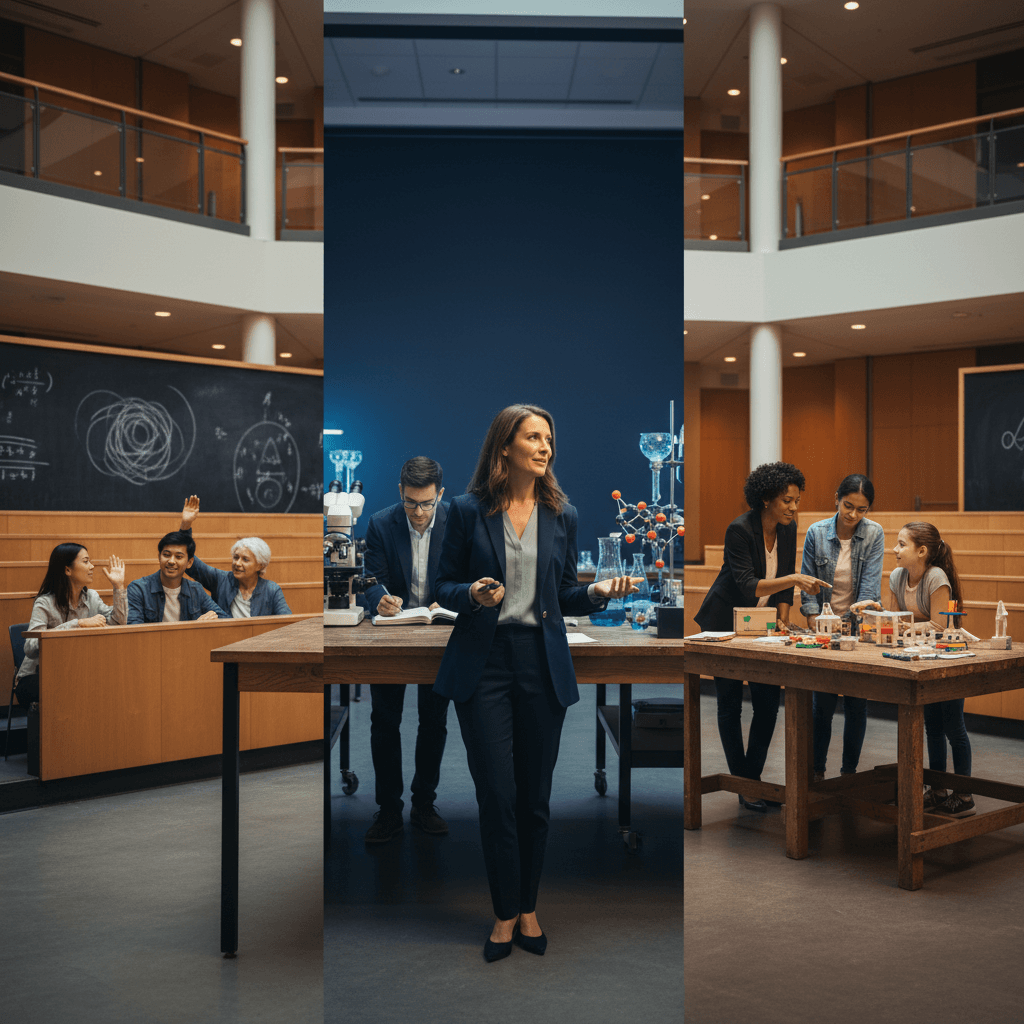 Professor universitário no centro, com sala de aula à esquerda, laboratório ao fundo e atividade de extensão com a comunidade à direita.