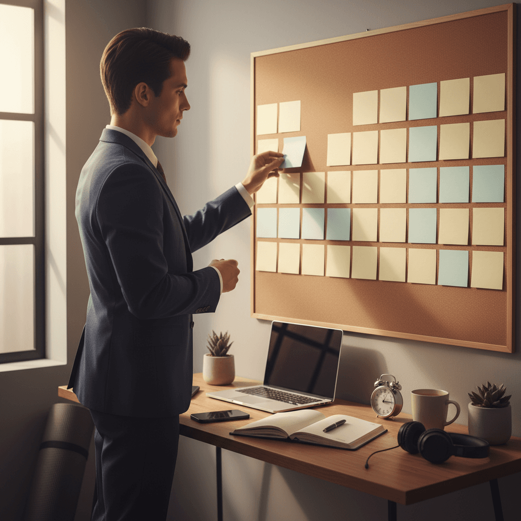 Pessoa organizando um quadro de busca de emprego em um espaço de trabalho calmo com planner, timer, café e tapete de yoga, transmitindo rotina equilibrada sem esgotamento.
