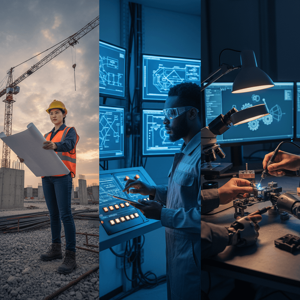 Colagem editorial de engenharia: obra com engenheiro e plantas, sala de controle industrial e bancada de prototipagem eletrônica, profissionais trabalhando.