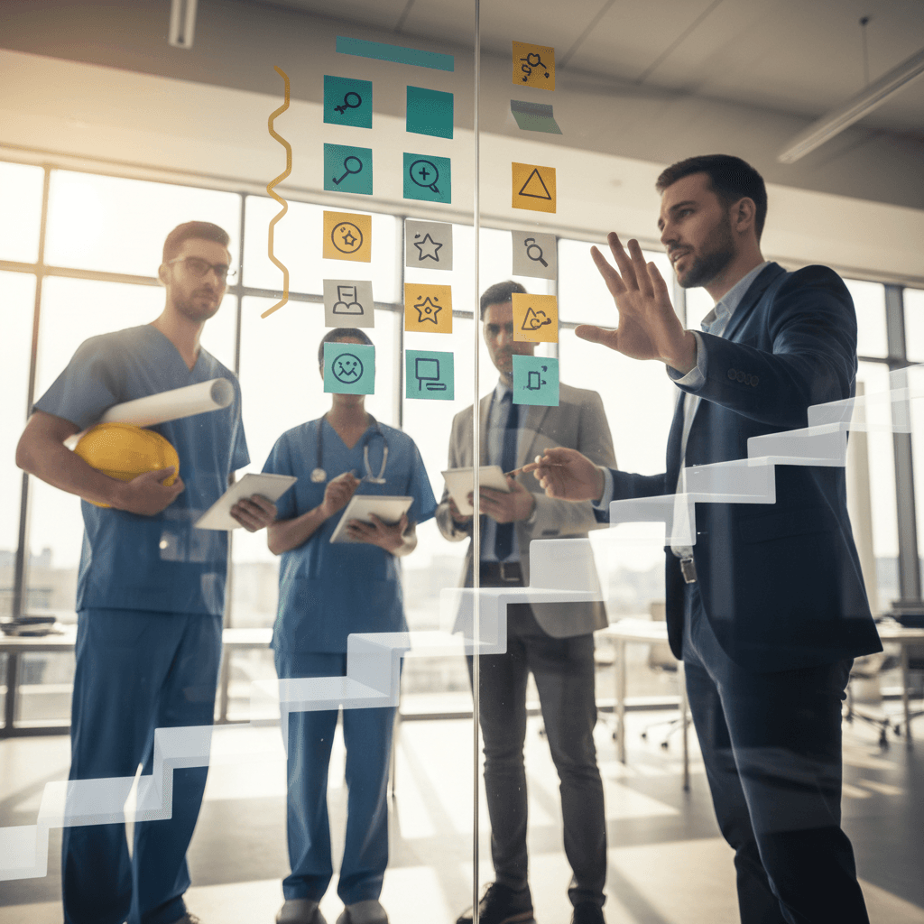 Equipe diversa em workshop de gestão, líder apontando para quadro de kanban sem texto e caminho simbólico de carreira.