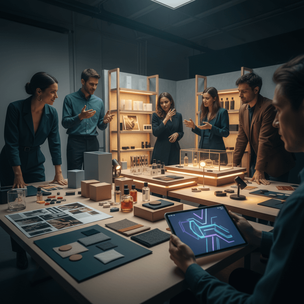 Equipe de marketing em estúdio criativo montando protótipo de experiência de marca com materiais sensoriais.
