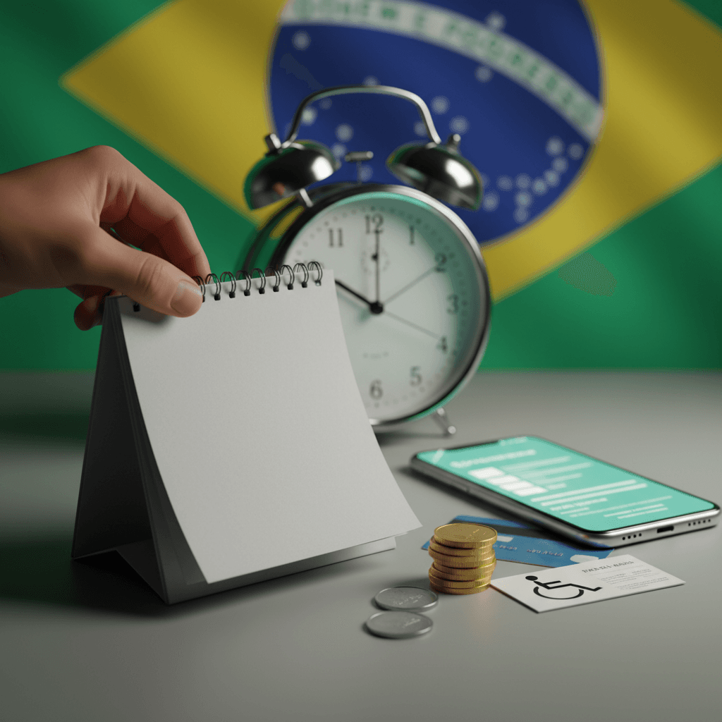 Ilustração editorial close-up com calendário em branco, relógio, smartphone de inscrição, cartão e ícone de acessibilidade, sugerindo prorrogação do prazo do Enem.