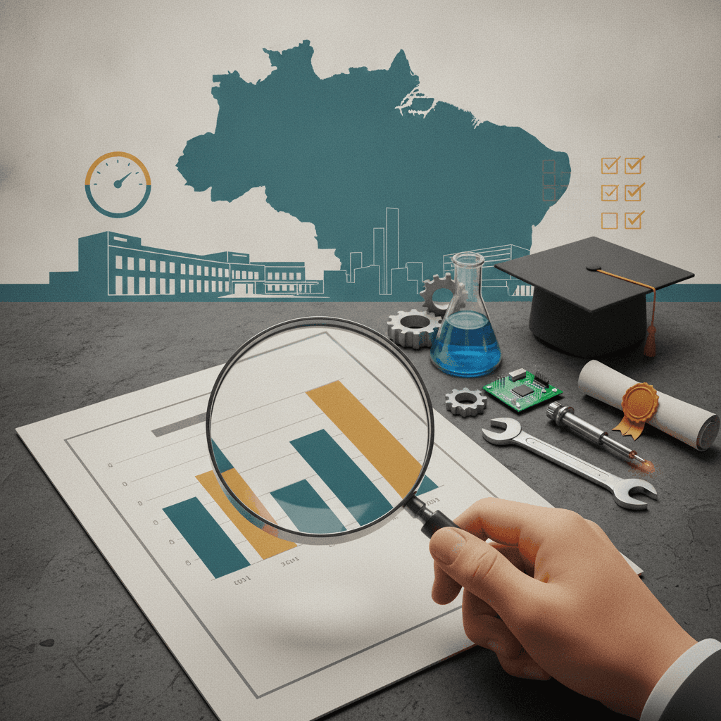 Lupa sobre gráficos e ferramentas que representam a avaliação da qualidade dos cursos técnicos, com mapa do Brasil ao fundo.