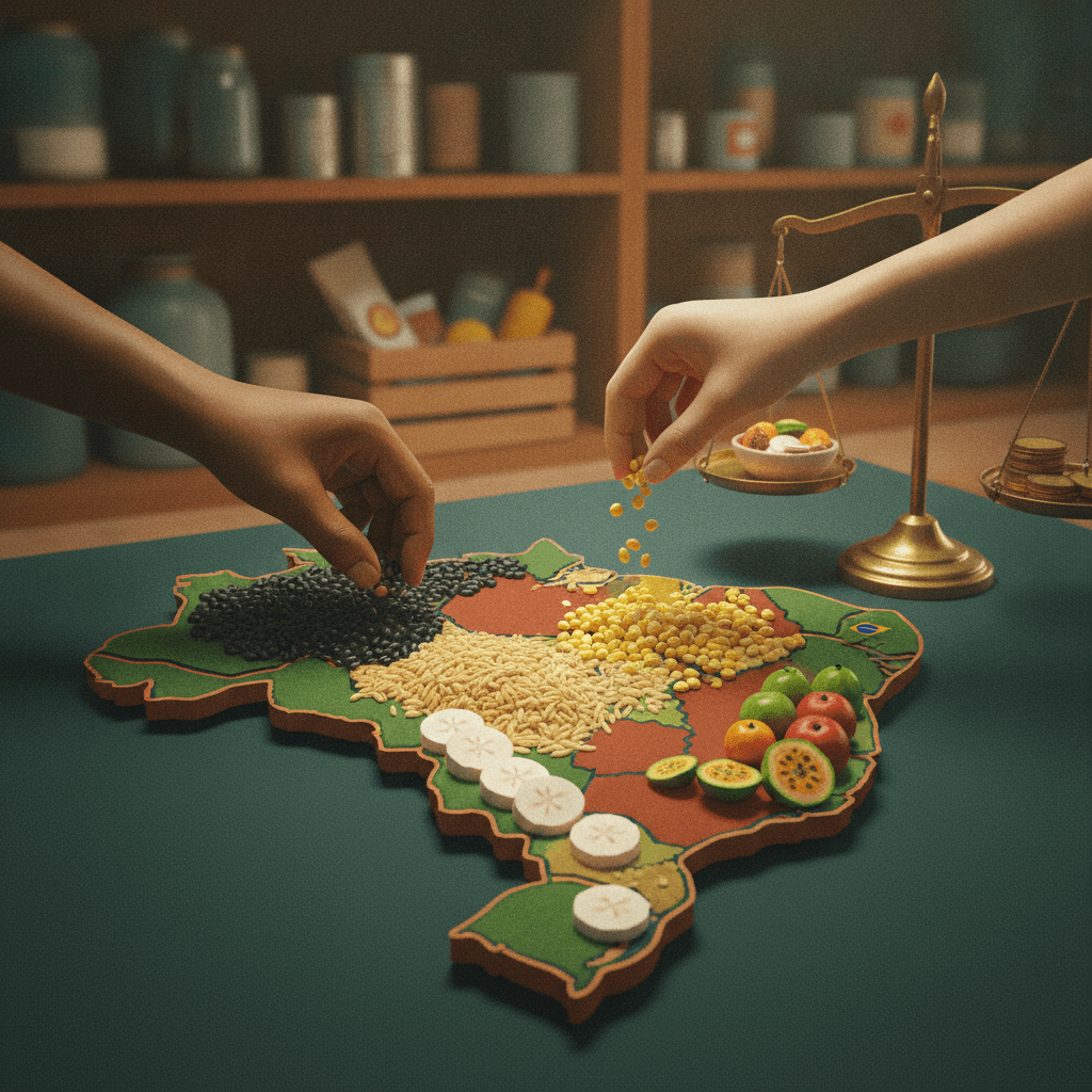 Ilustração editorial: prato em forma do mapa do Brasil feito de alimentos básicos (arroz, feijão, mandioca), mãos distribuindo comida, balança ao lado e prateleira de mantimentos blurred ao fundo.