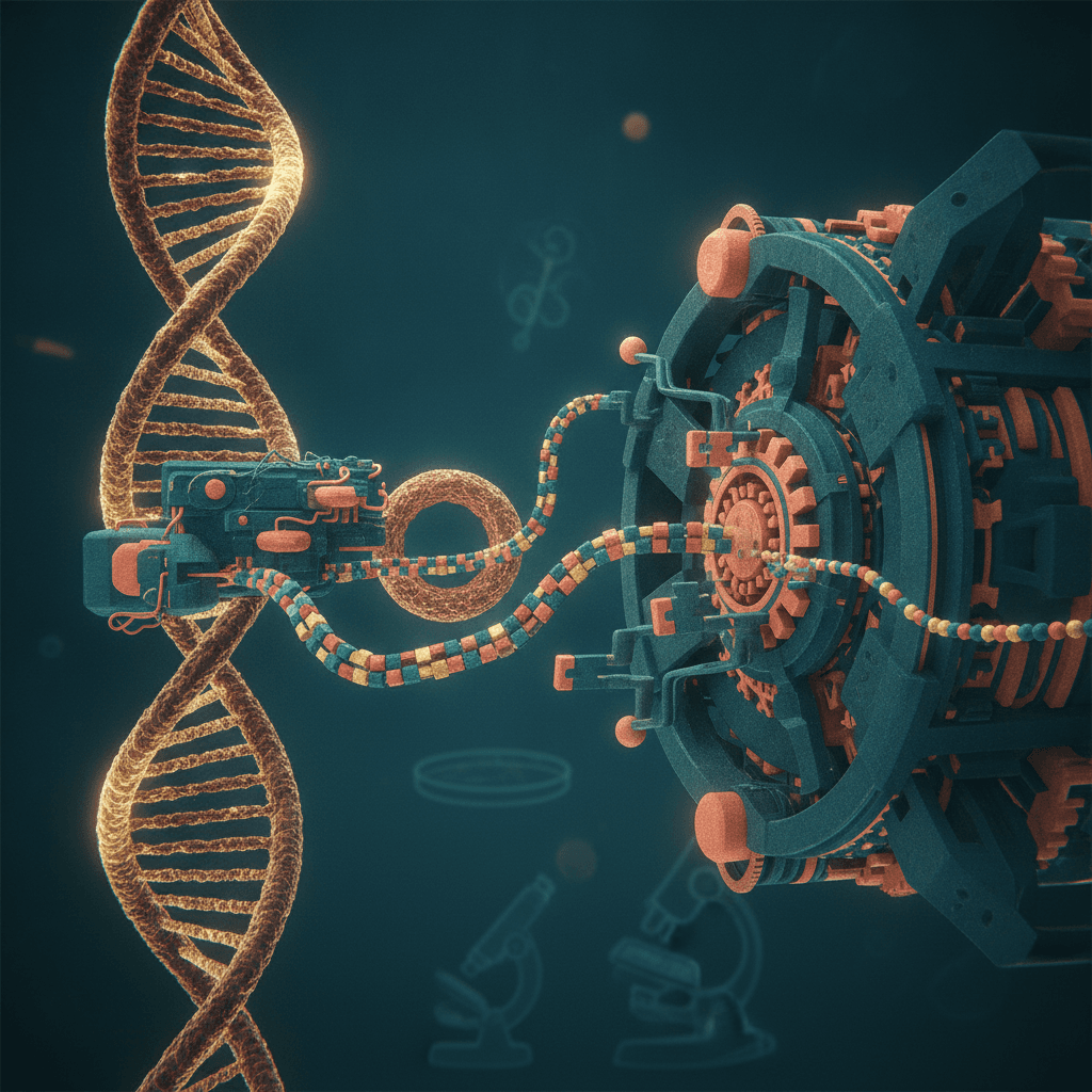 Ilustração editorial mostrando DNA sendo transcrito no núcleo e mRNA sendo traduzido por um ribossomo que monta uma cadeia de aminoácidos.