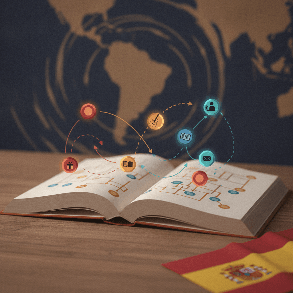 Ilustração editorial de livro de gramática em espanhol com fichas coloridas e setas ligando objetos e destinatário, representando pronomes de objeto direto e indireto.