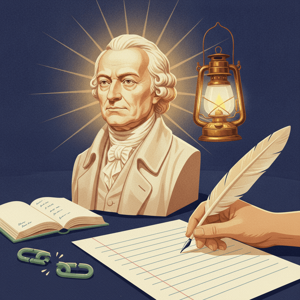 Ilustração editorial: busto kantiano estilizado, lâmpada do esclarecimento, corrente rompida e mão escrevendo com pena sobre folha em branco.