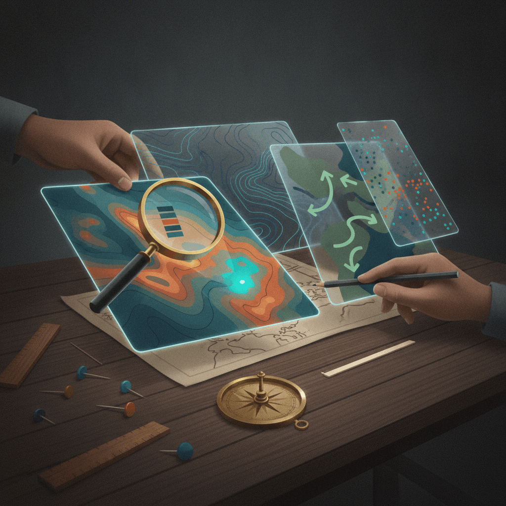 Ilustração editorial close-up de mapas temáticos sobrepostos, lupa ampliando legenda de cores, bússola e mãos analisando camadas — sem texto.
