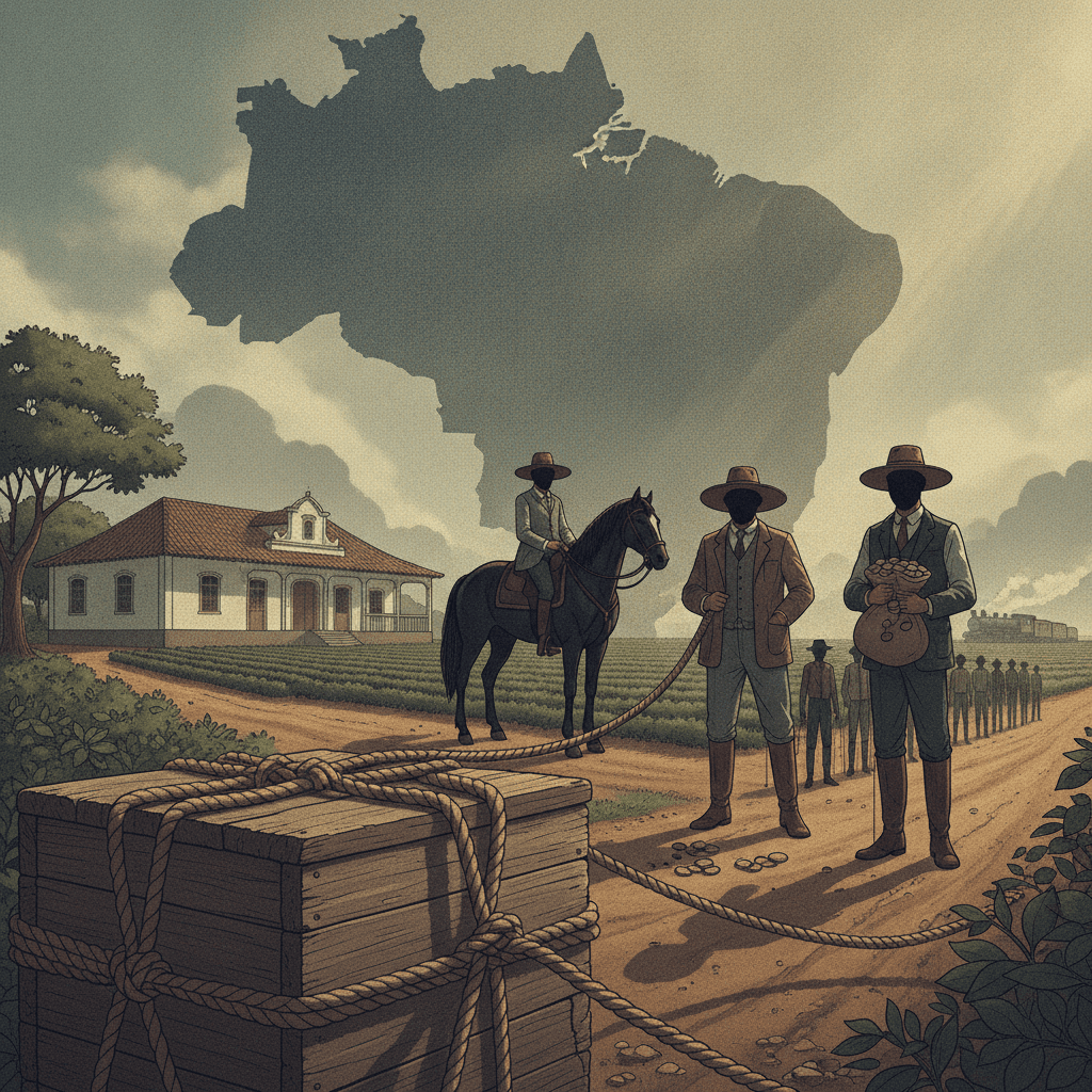 Ilustração editorial mostrando coronéis da República Velha manipulando votos: urna de madeira com cordas ligando coronéis e eleitores em fila, com fazenda ao fundo.